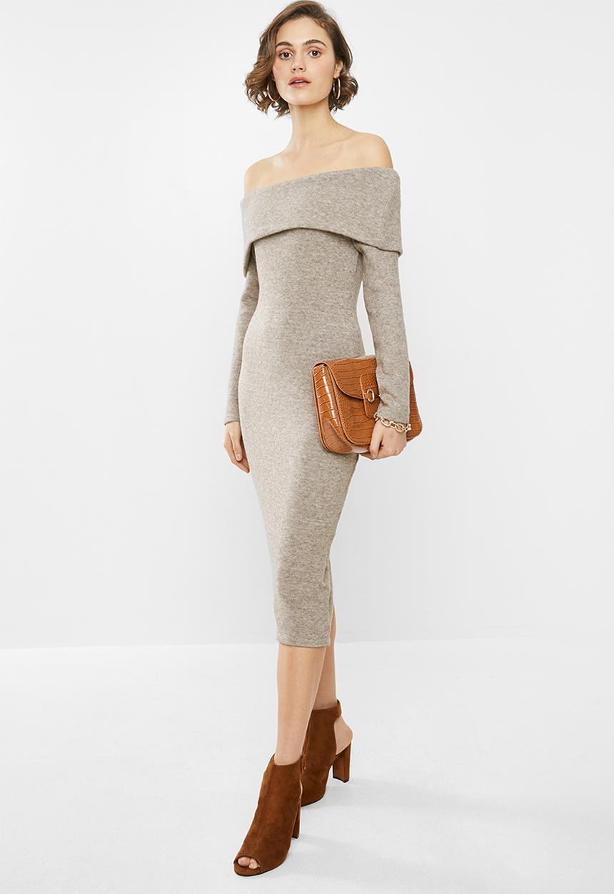 VELVET - Bardot knit dress - oat melange