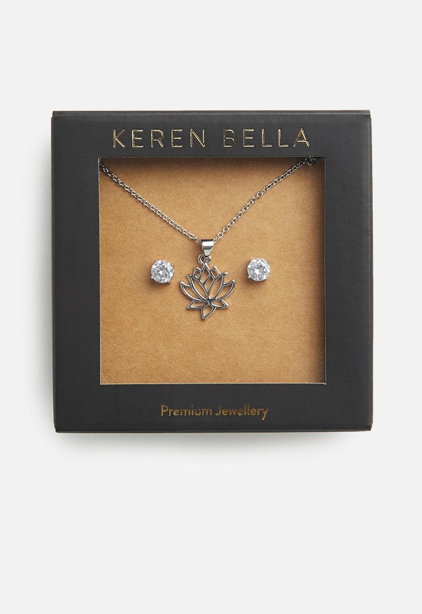 Keren Bella - Lotus flower necklace and stud set - silver
