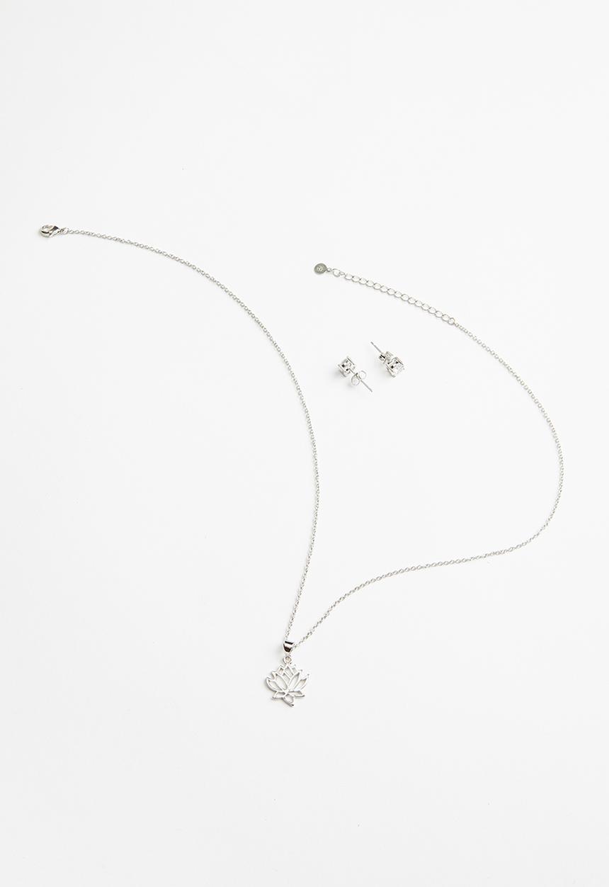 Keren Bella - Lotus flower necklace and stud set - silver