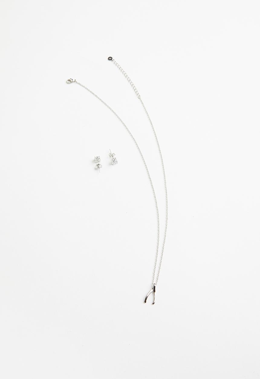 Keren Bella - Wishbone necklace and stud set - silver