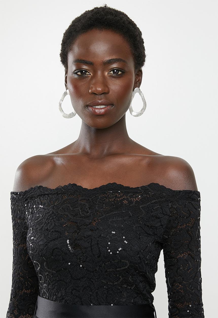 MILLA - Lace bardot maxi dress-black