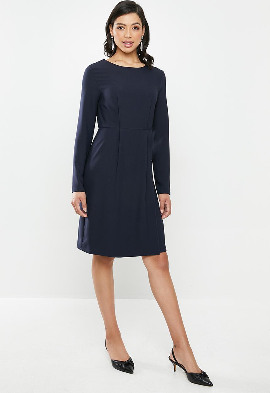 edit - Long sleeve crepe pleat front suit dress - navy