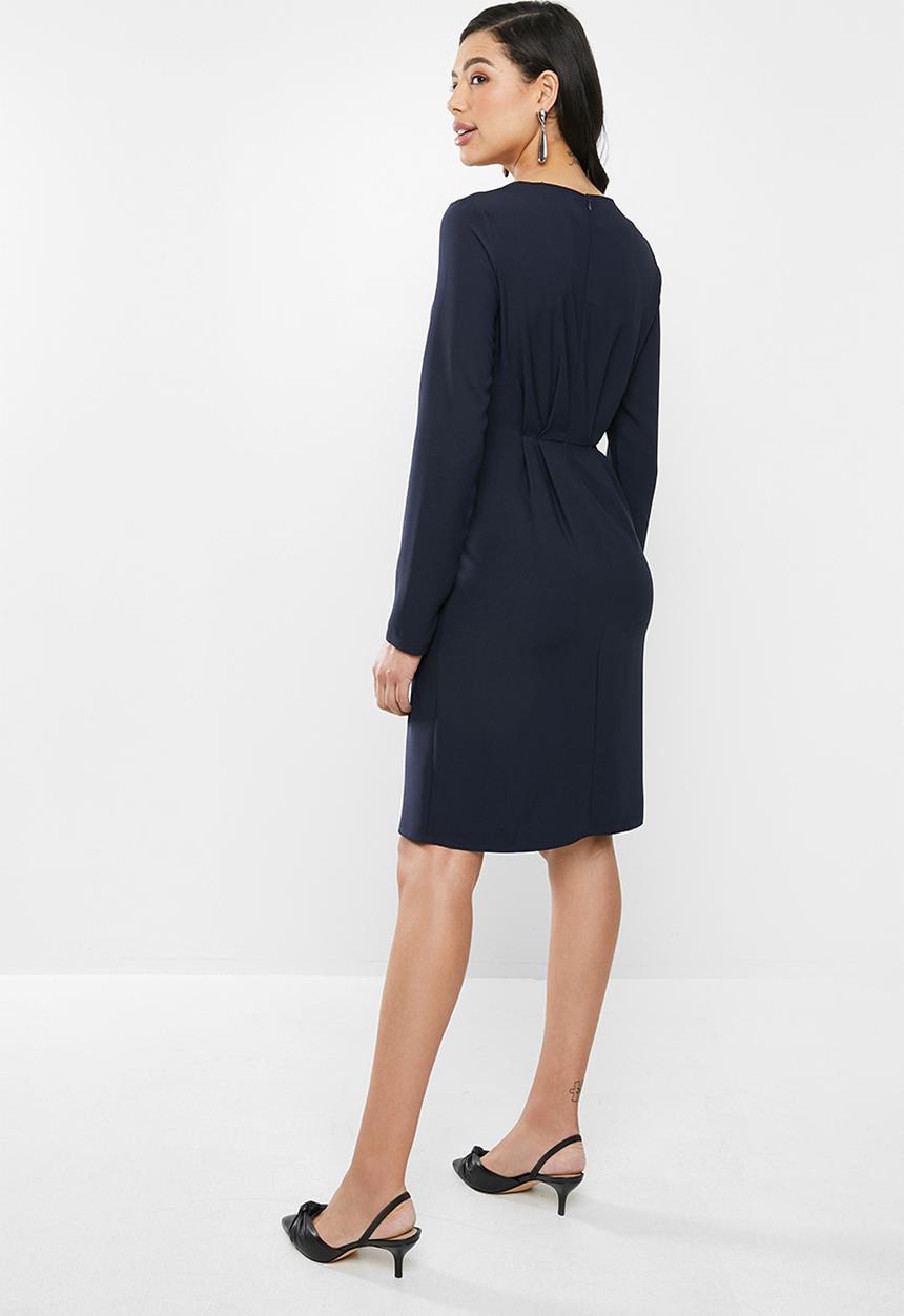 edit - Long sleeve crepe pleat front suit dress - navy