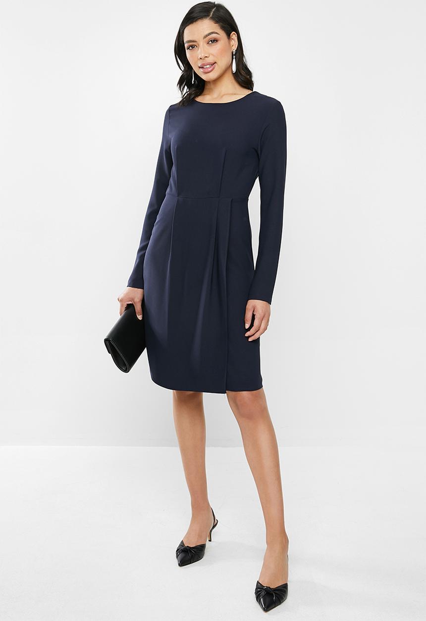 edit - Long sleeve crepe pleat front suit dress - navy