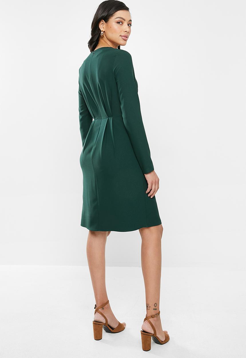 edit - Long sleeve crepe pleat front suit dress - dark green