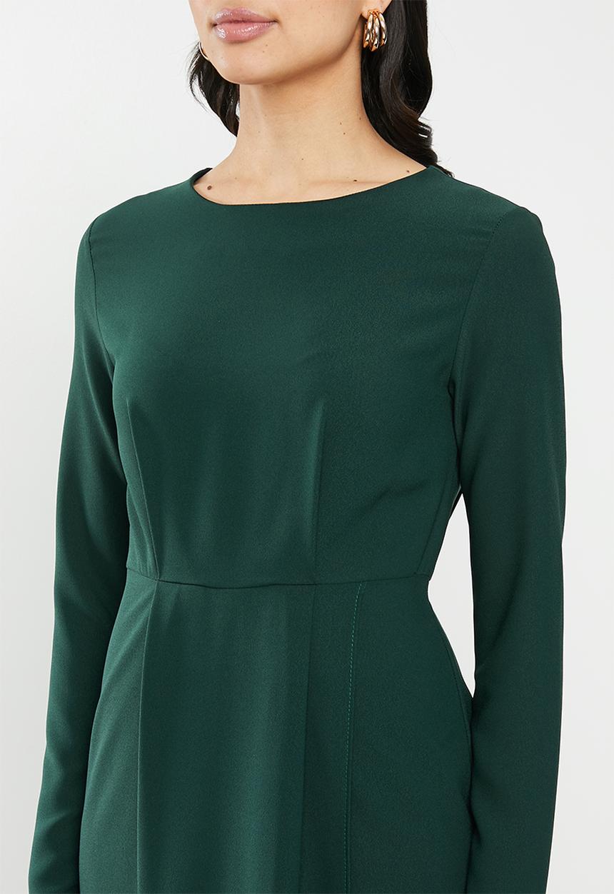 edit - Long sleeve crepe pleat front suit dress - dark green