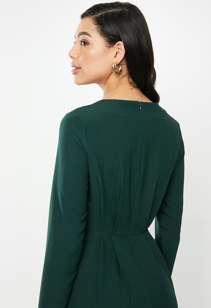 edit - Long sleeve crepe pleat front suit dress - dark green