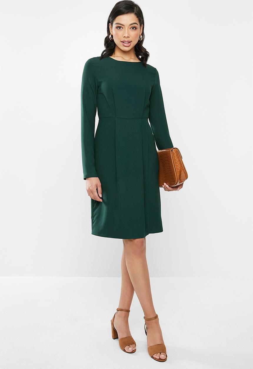 edit - Long sleeve crepe pleat front suit dress - dark green