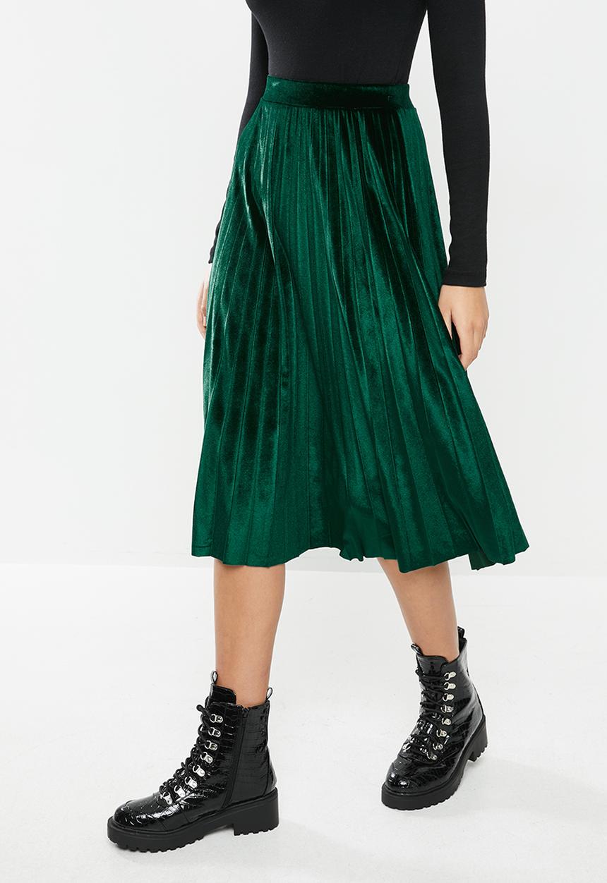 Blake - Velour midi pleated skirt - green