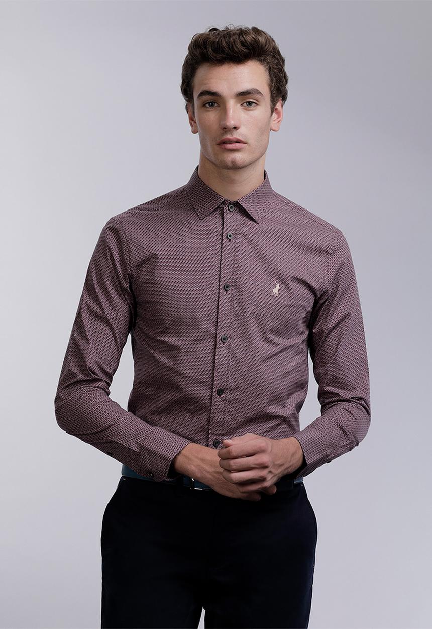 POLO - Mens oscar signature pattern long sleev shirt- burgundy