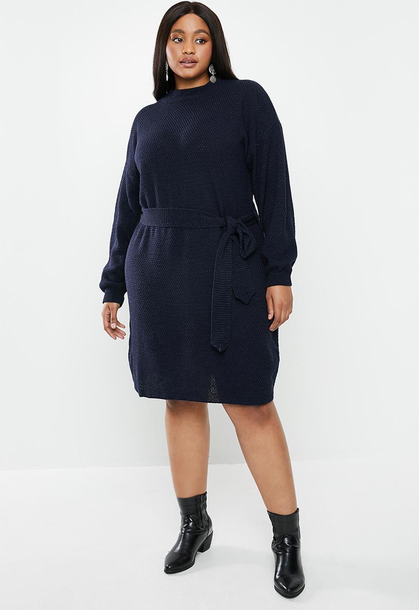 Glamorous - Plus knitted tie waist dress - navy