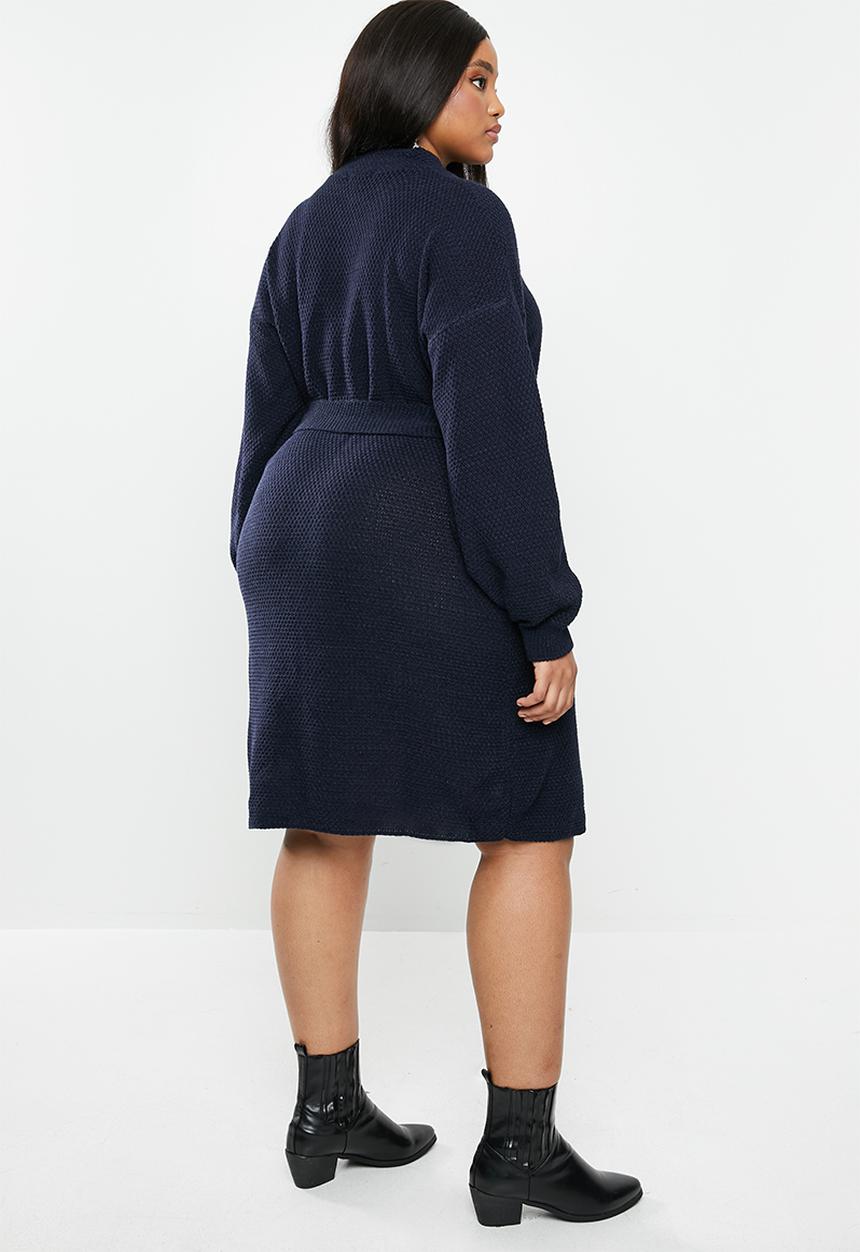 Glamorous - Plus knitted tie waist dress - navy