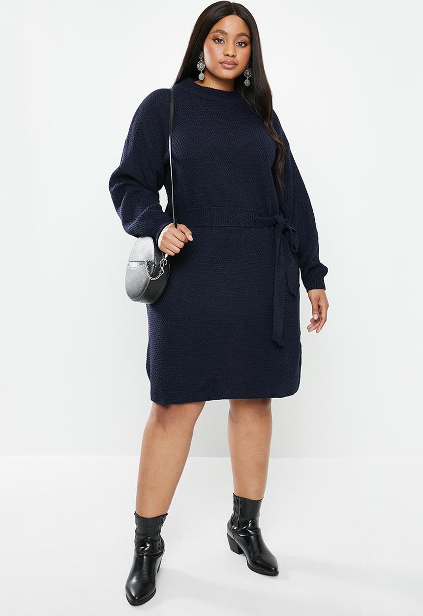 Glamorous - Plus knitted tie waist dress - navy