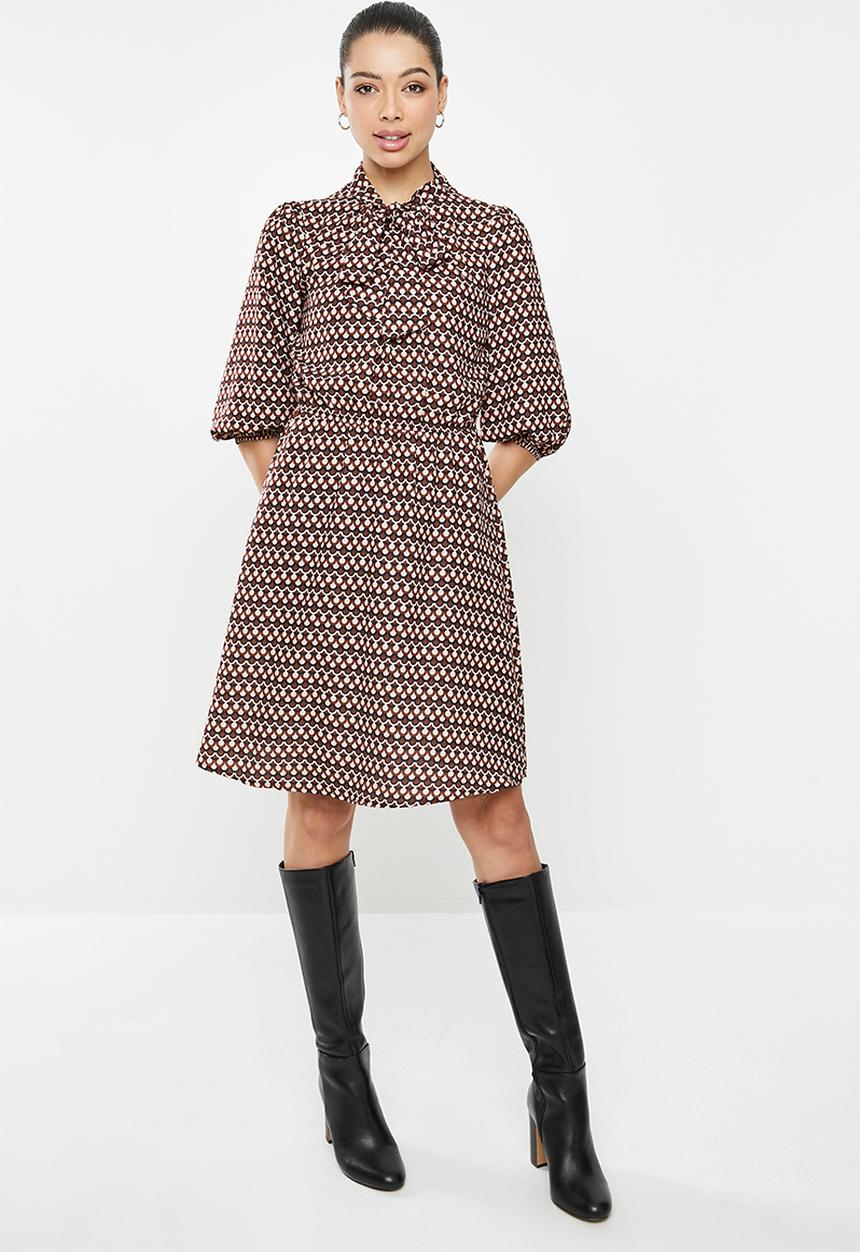 edit - Kitty bow fit & flare dress - brown & black 