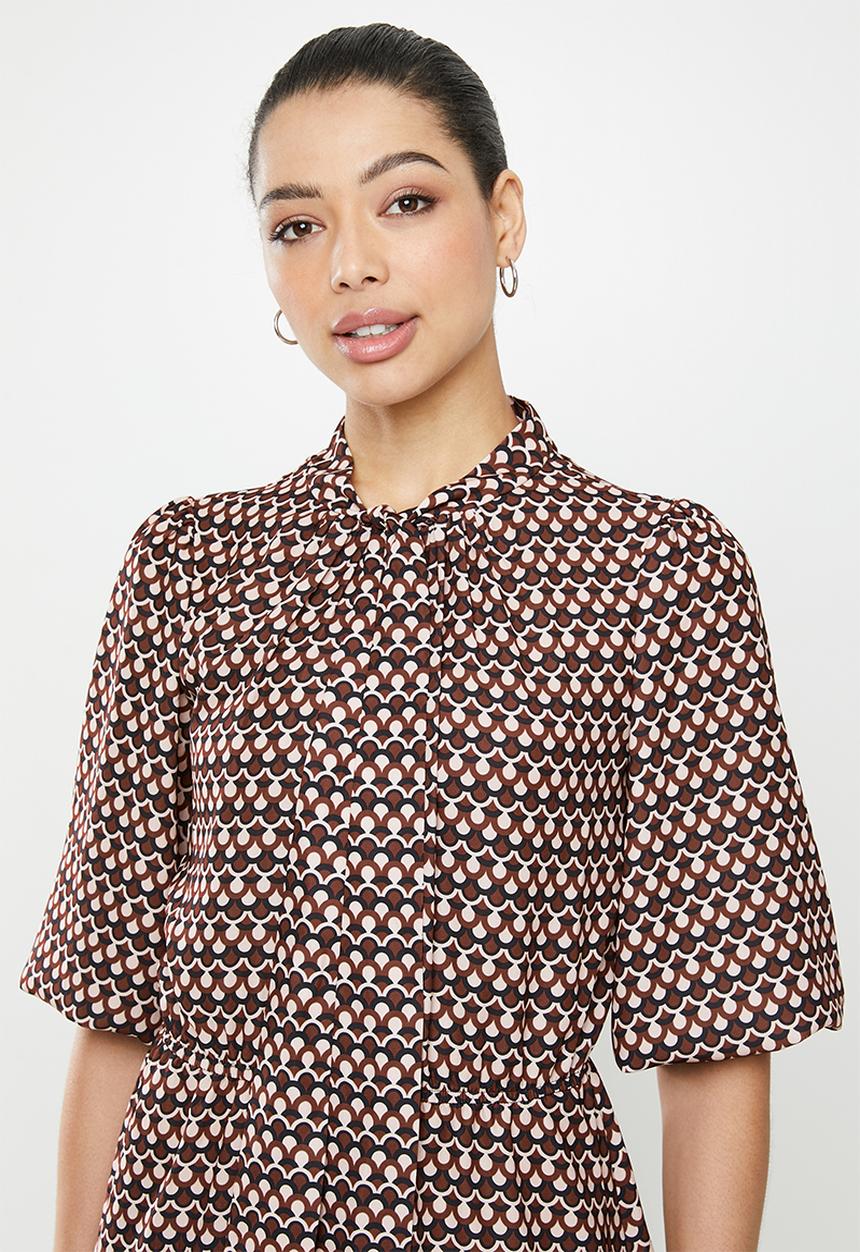 edit - Kitty bow fit & flare dress - brown & black 