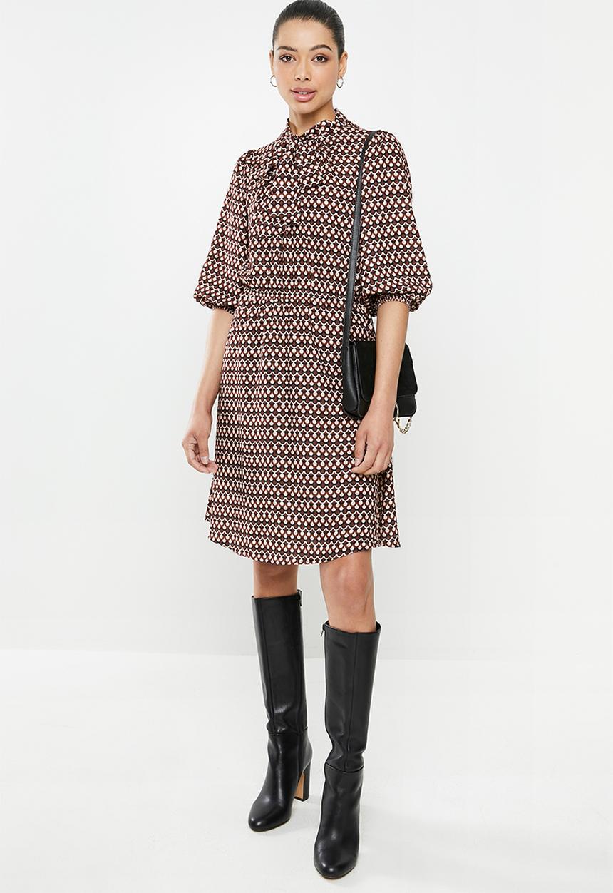 edit - Kitty bow fit & flare dress - brown & black 