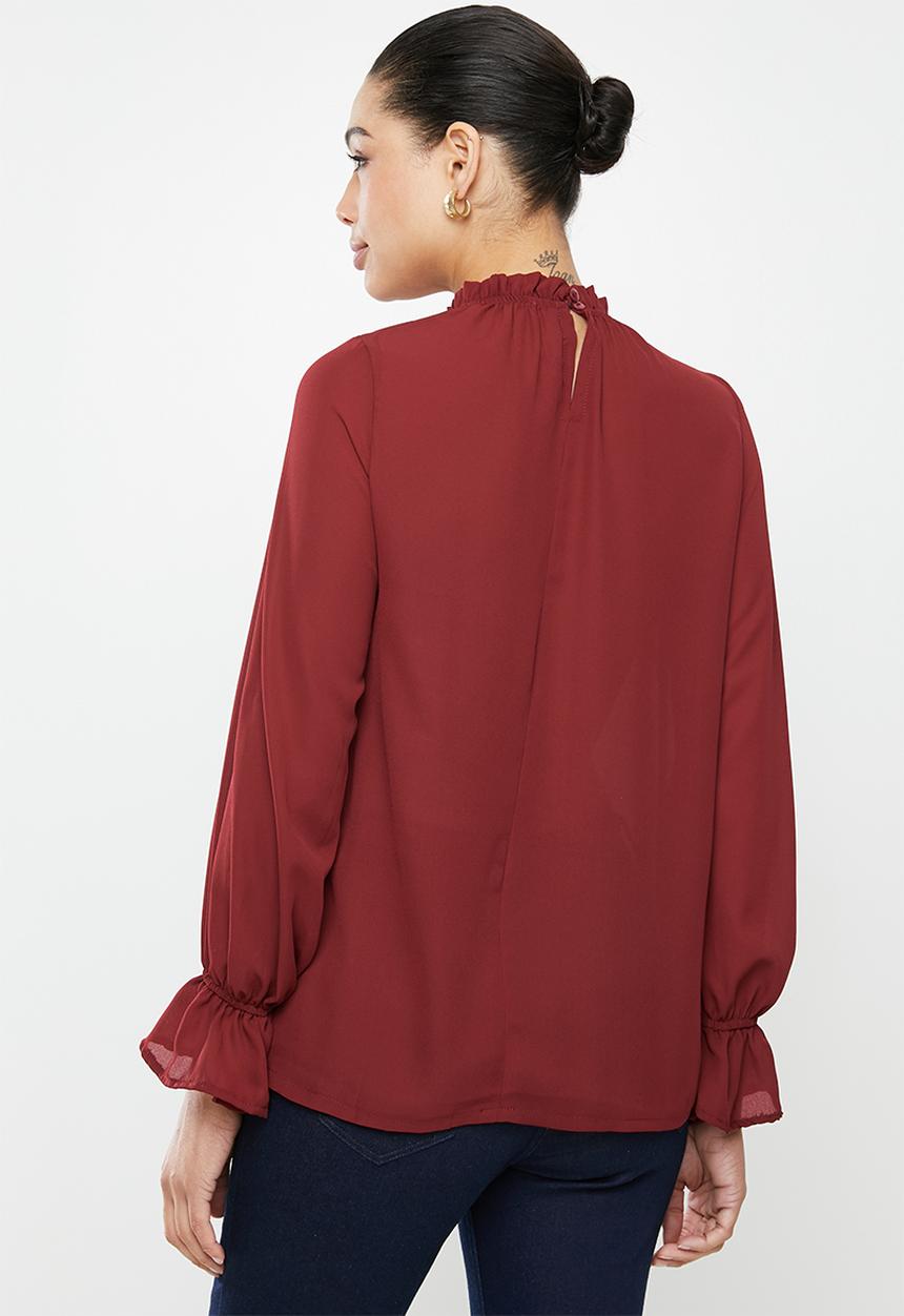 edit - Piecrust balloon sleeve blouse - burgundy