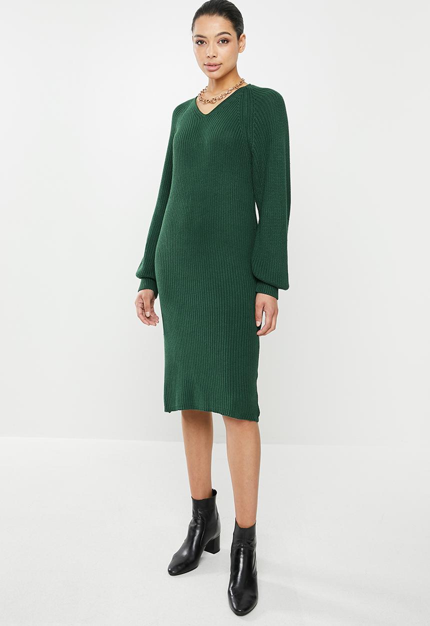 edit - Knitwear ribbed balloon sleeve shift dress - green