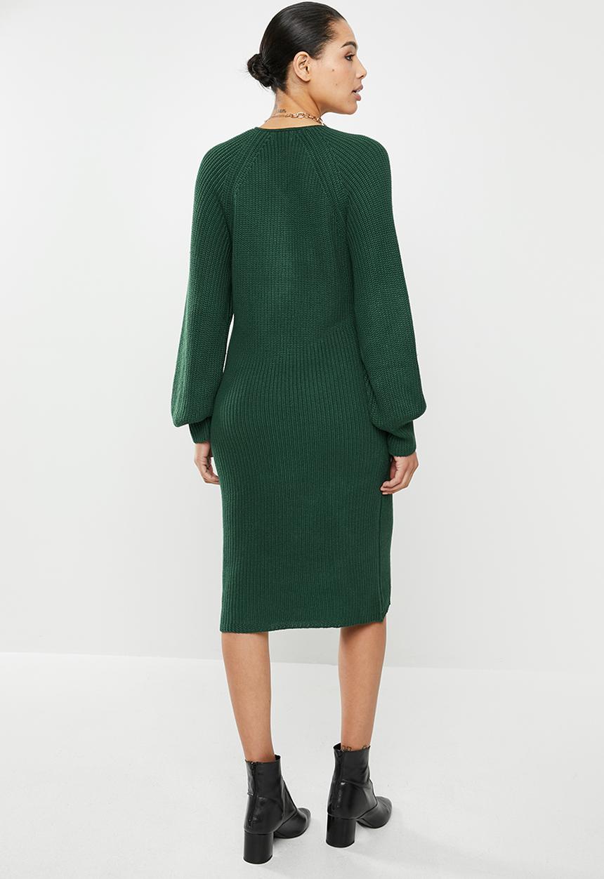edit - Knitwear ribbed balloon sleeve shift dress - green