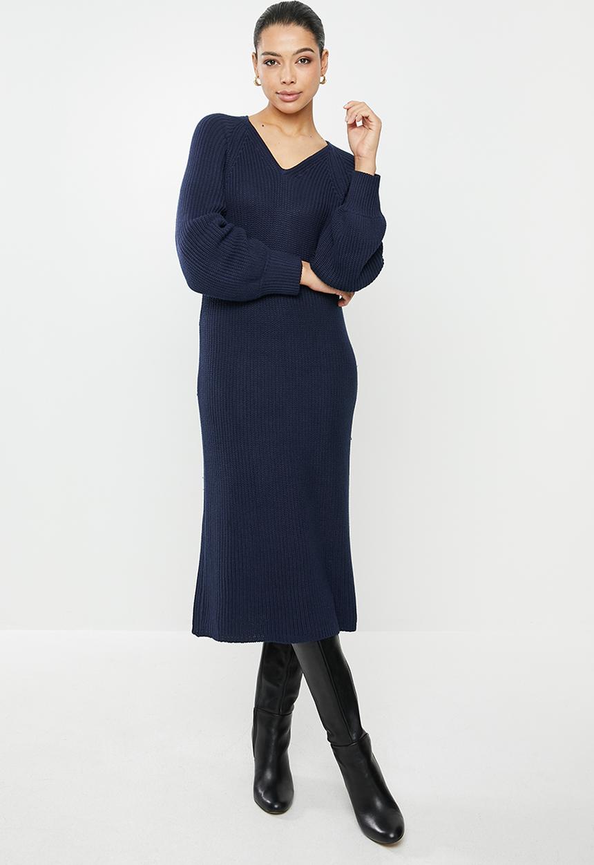 edit - Ribbed balloon sleeve shift dress - navy