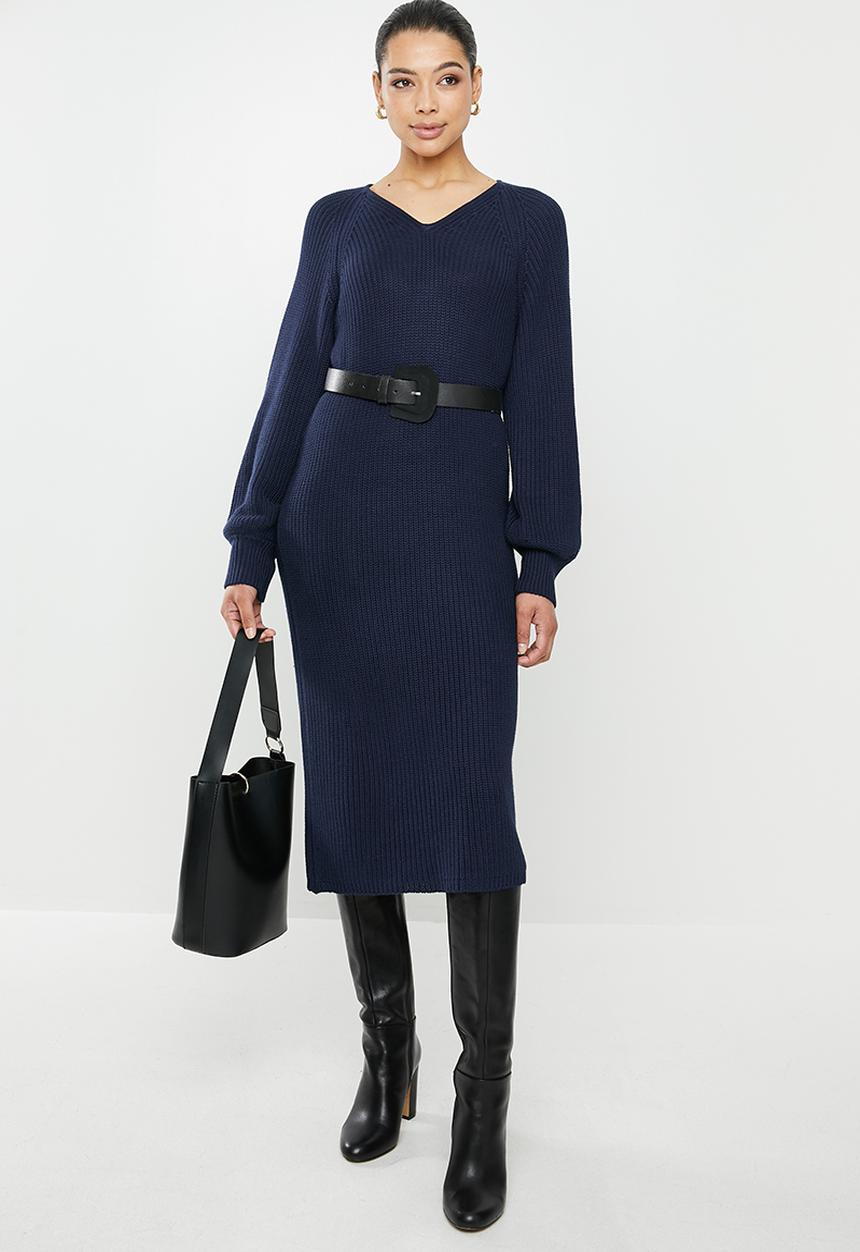 edit - Ribbed balloon sleeve shift dress - navy