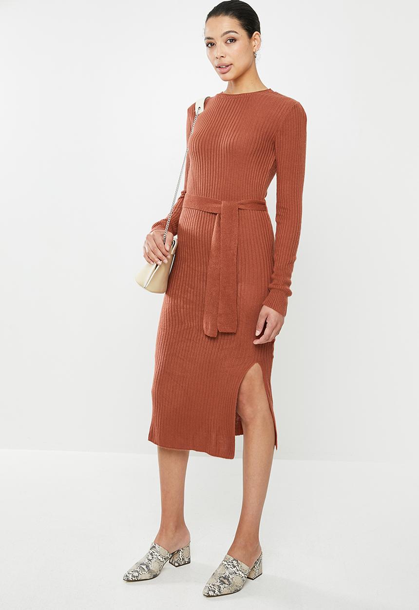 edit - Warm handle knitted slit midi dress - rust