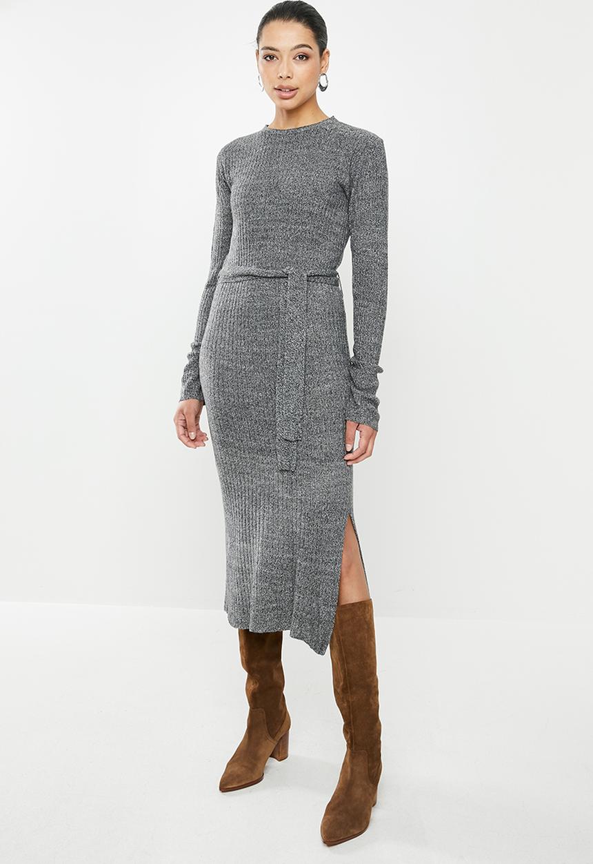 edit - Warm handle knitted slit midi dress - grey