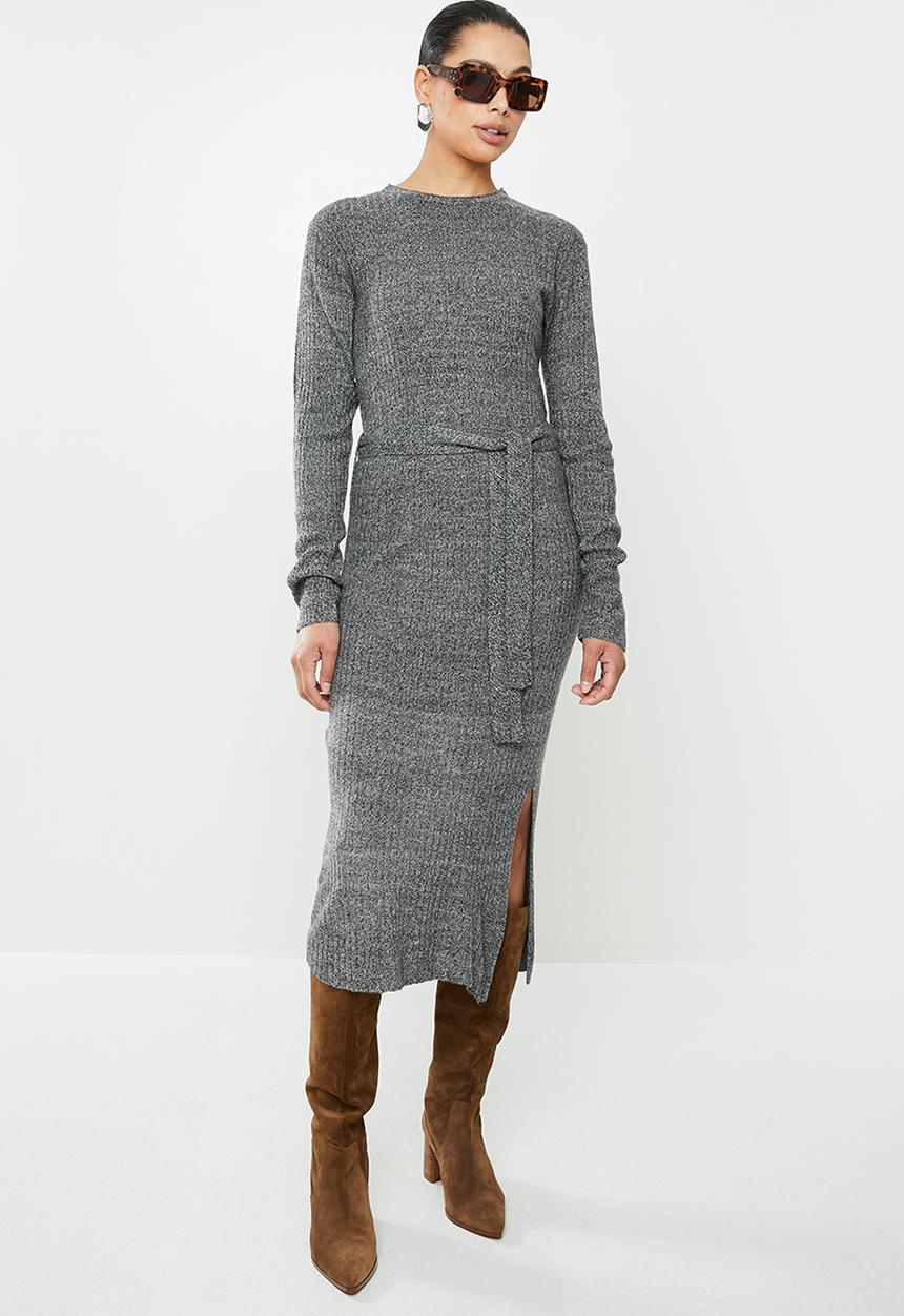 edit - Warm handle knitted slit midi dress - grey