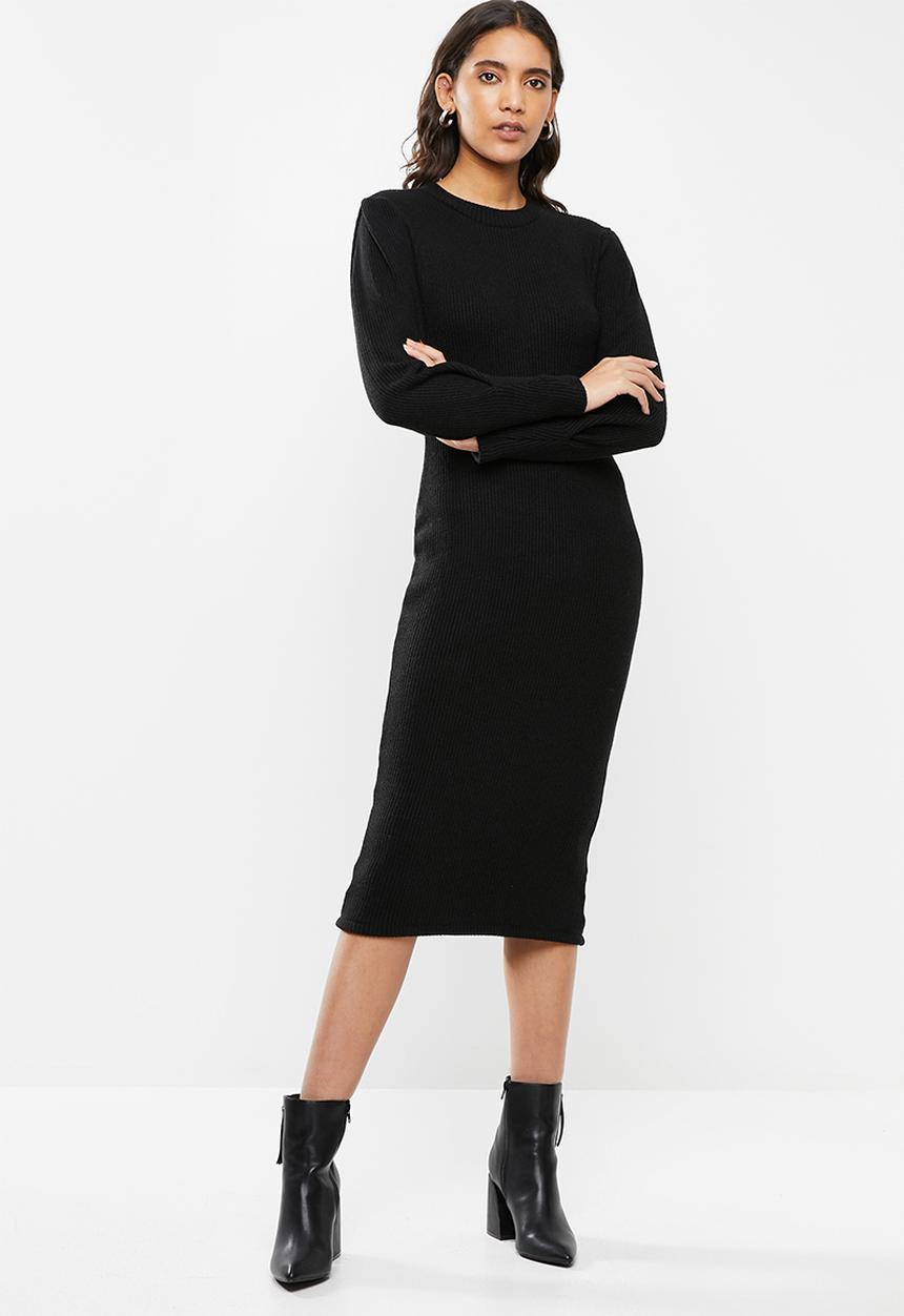 VELVET - Knit ribbed neck dress - black