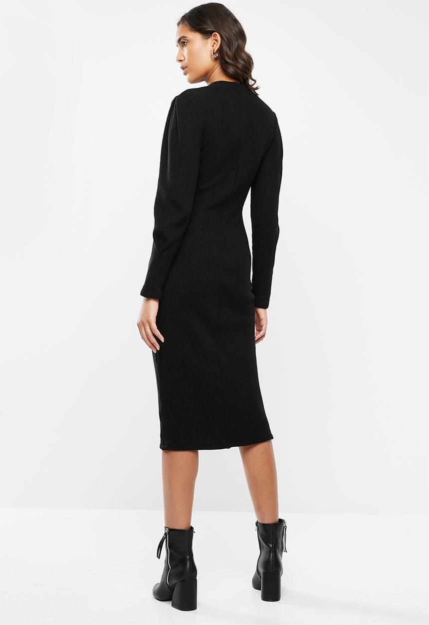 VELVET - Knit ribbed neck dress - black