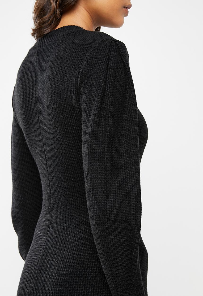 VELVET - Knit ribbed neck dress - black