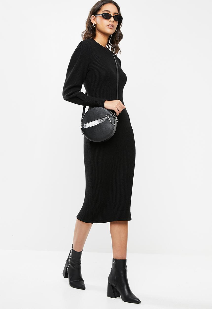 VELVET - Knit ribbed neck dress - black