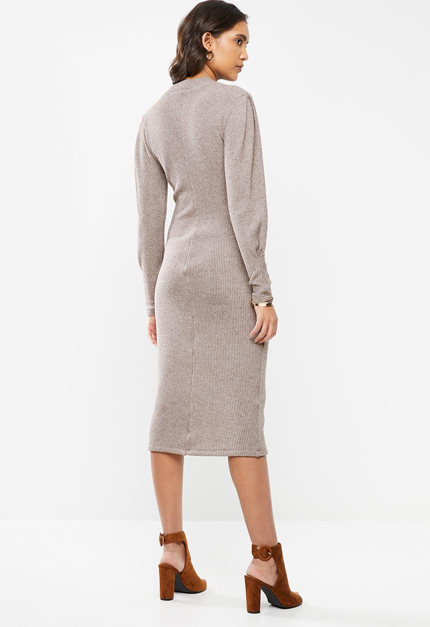 VELVET - Knit ribbed neck dress - taupe