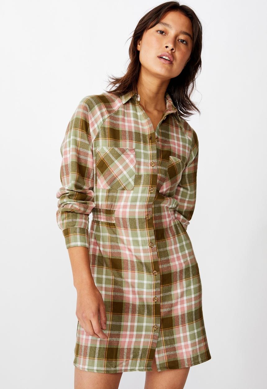 Cotton On - Woven check shirt dress - stacey check dark olive
