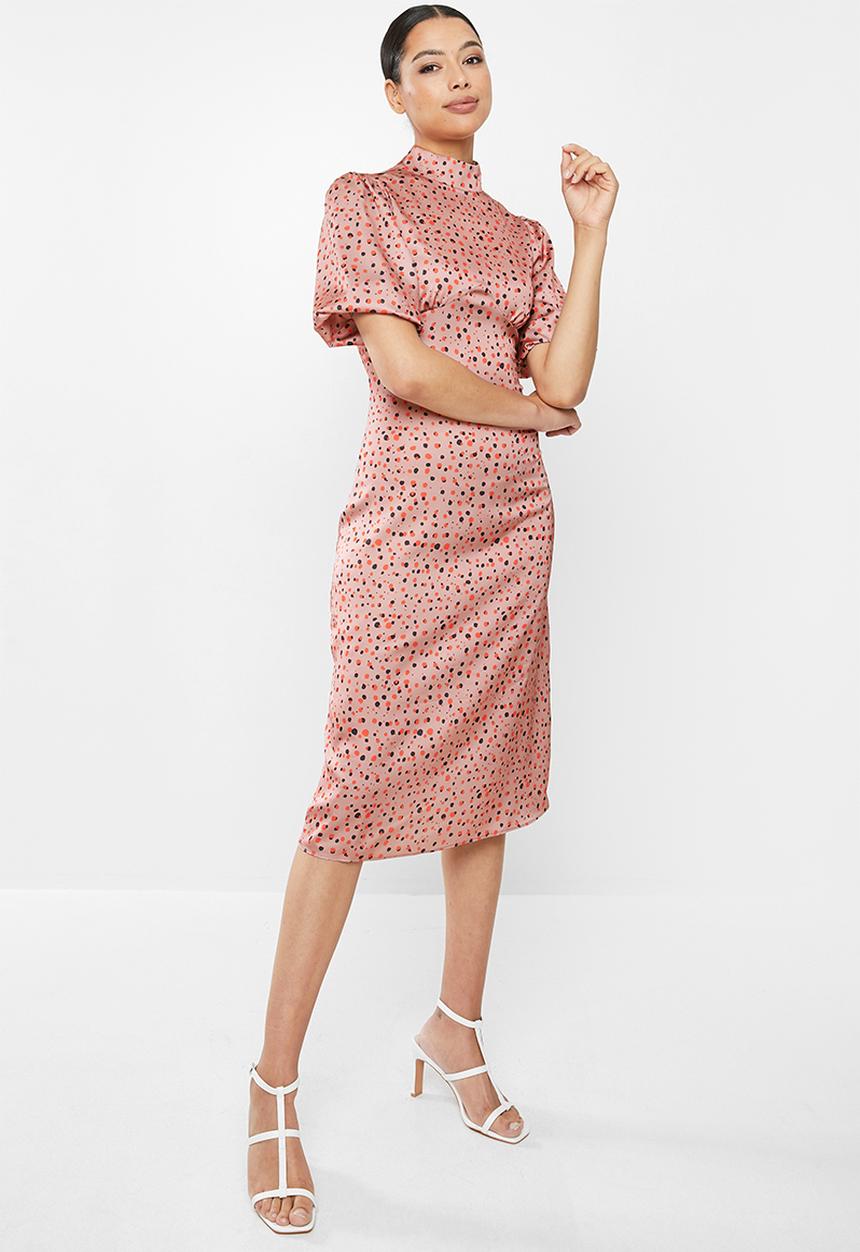 Glamorous - Rose spotted midi with puff sleeve - pink