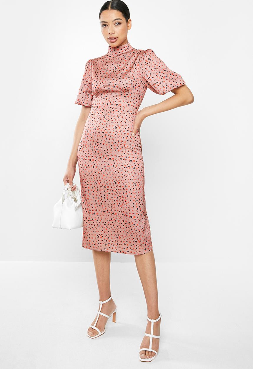 Glamorous - Rose spotted midi with puff sleeve - pink
