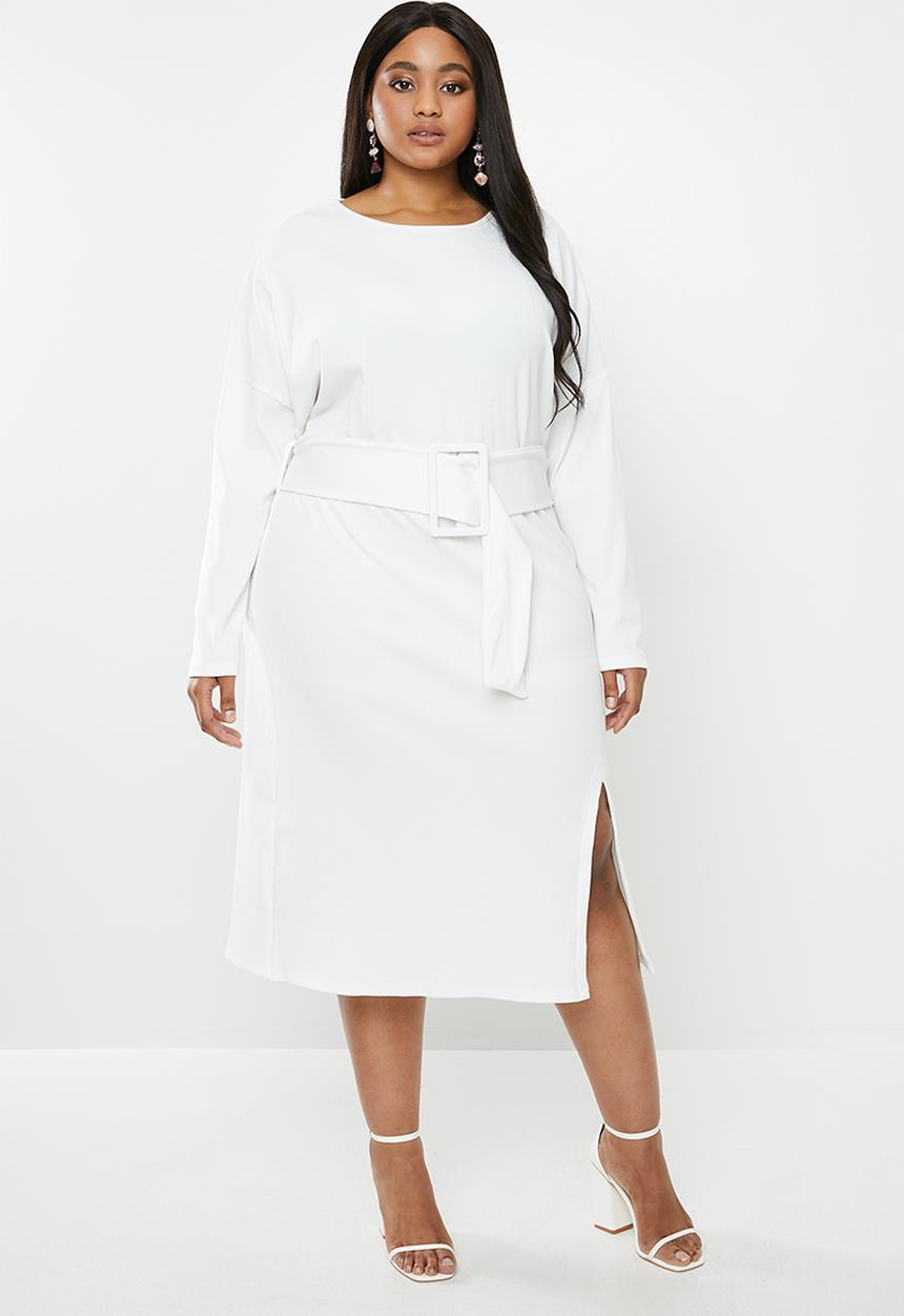 Glamorous - Plus long sleeve belted dress with front slit - white