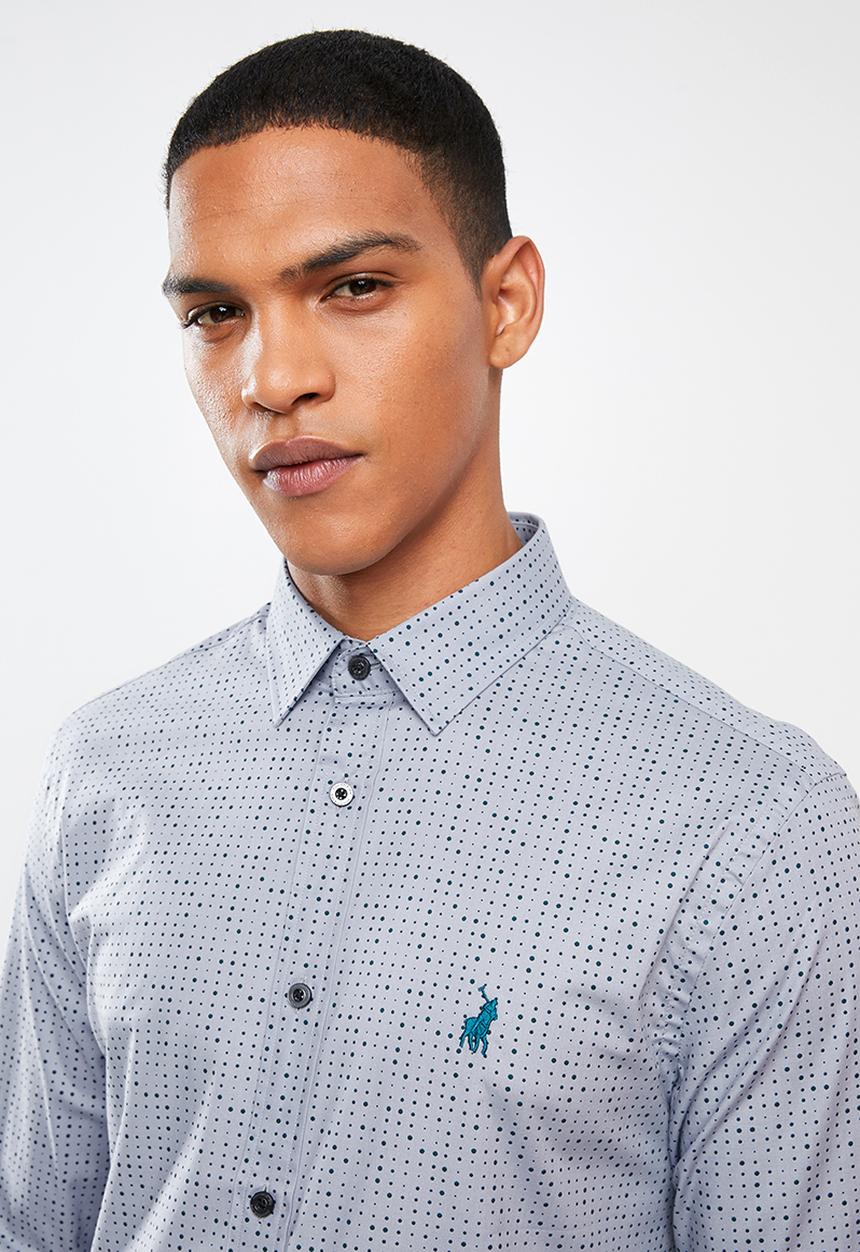 POLO - Mens Wyatt signature print long sleeve shirt - blue & green