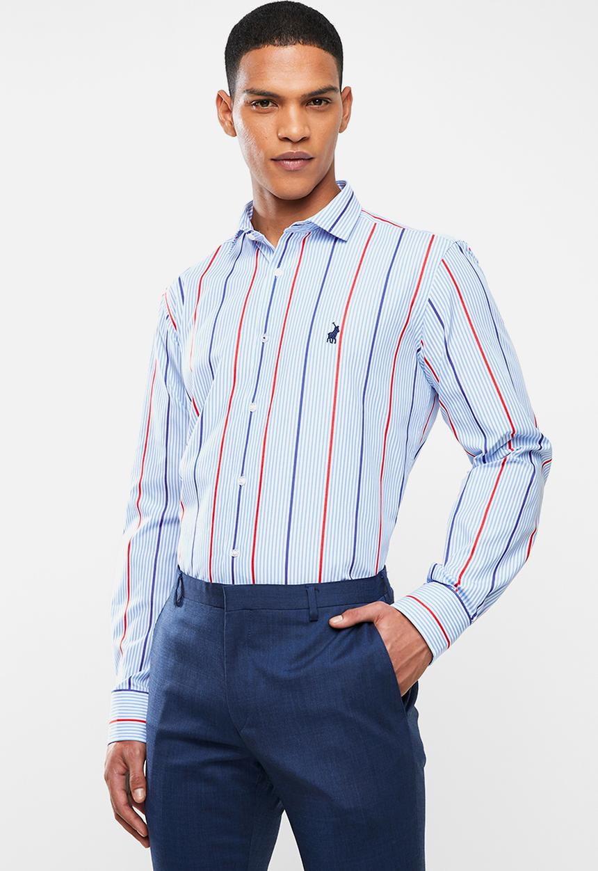 POLO - Mens Reece signature stripe long sleeve shirt-  blue & red 