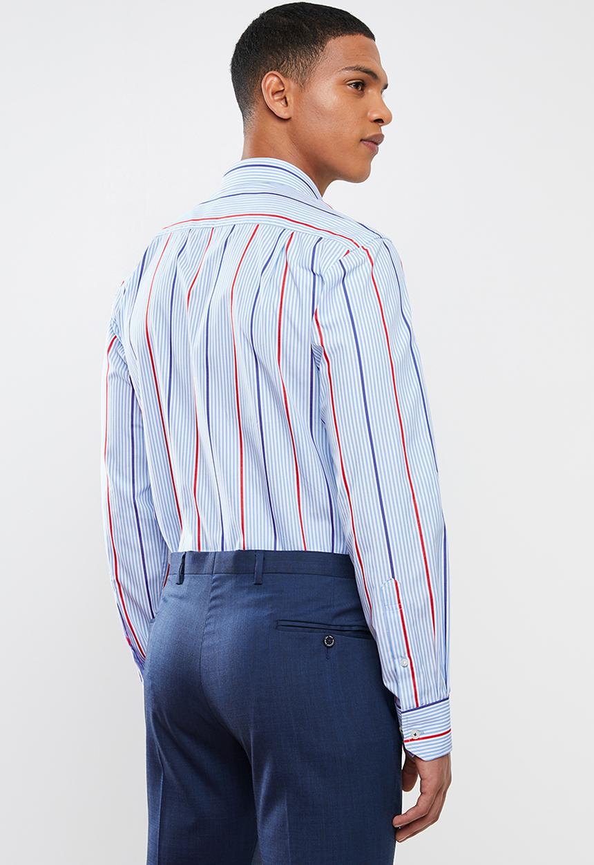 POLO - Mens Reece signature stripe long sleeve shirt-  blue & red 