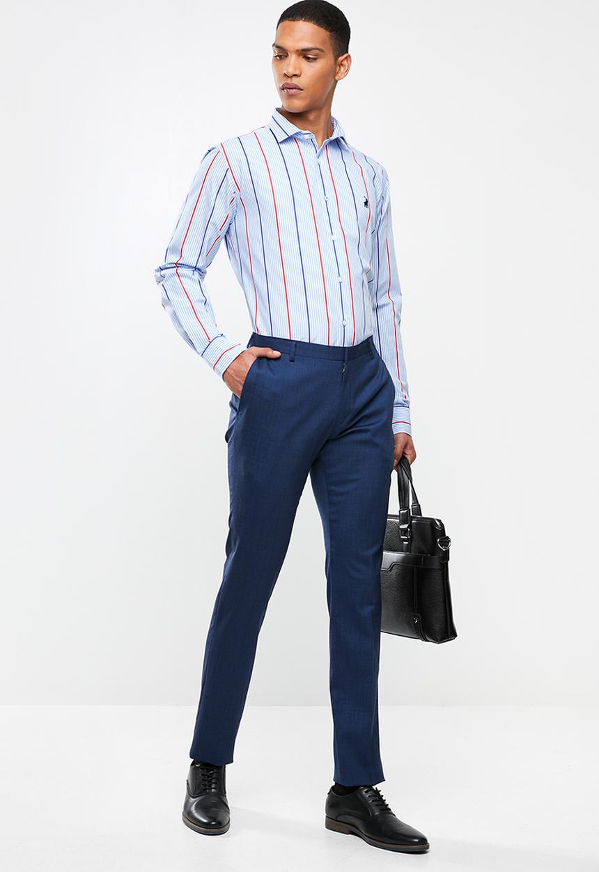 POLO - Mens Reece signature stripe long sleeve shirt-  blue & red 