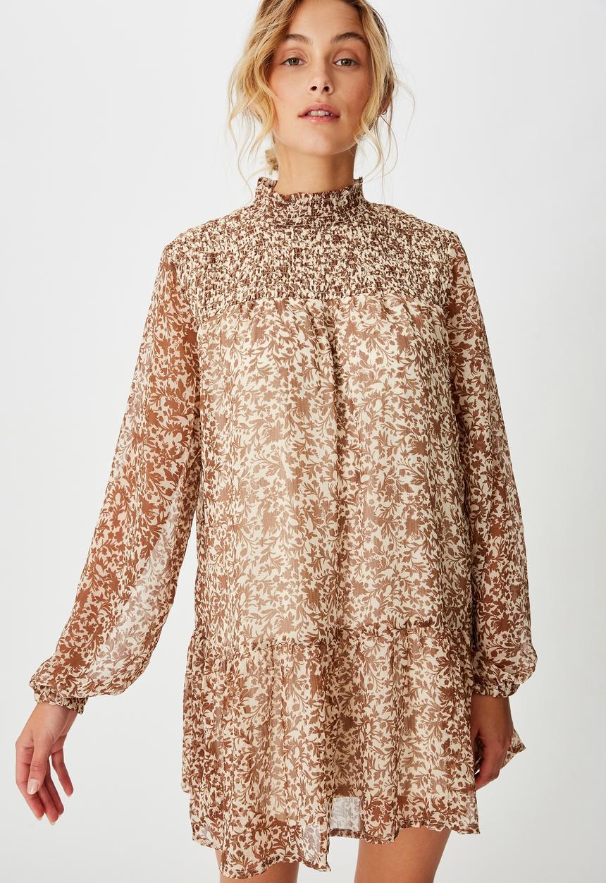 Cotton On - Woven mish shirred mock neck mini dress - anya floral soft sand
