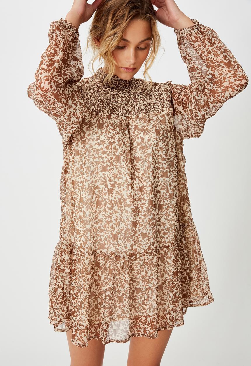 Cotton On - Woven mish shirred mock neck mini dress - anya floral soft sand