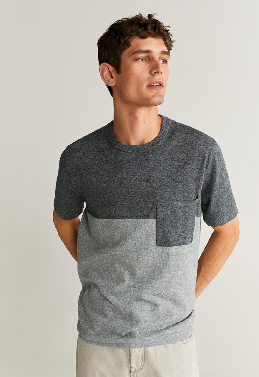MANGO - Cotton linen-blend knit t-shirt  pastel grey