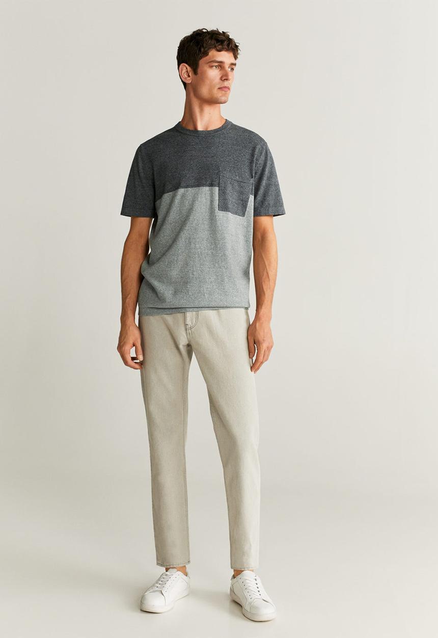 MANGO - Cotton linen-blend knit t-shirt  pastel grey