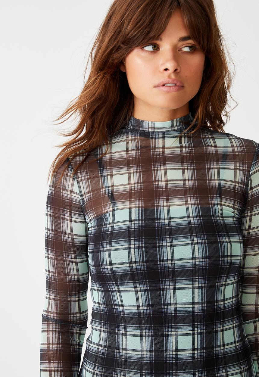 Factorie - Mesh long sleeve funnel neck dress - misty jade 