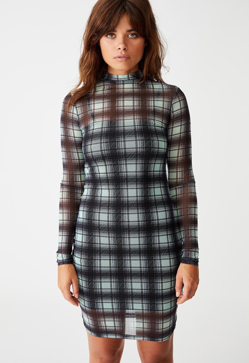 Factorie - Mesh long sleeve funnel neck dress - misty jade 
