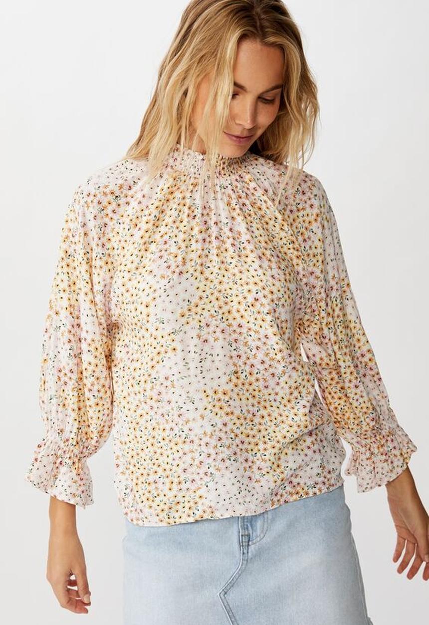 Cotton On - Lily shirred mock neck 3/4 frill sleeve blouse - mandy multi ditsy gardenia