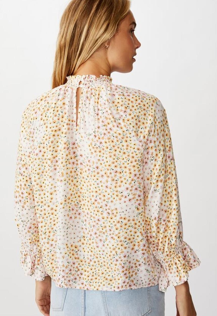 Cotton On - Lily shirred mock neck 3/4 frill sleeve blouse - mandy multi ditsy gardenia