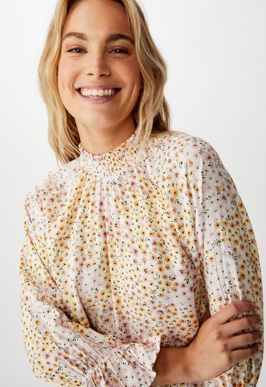 Cotton On - Lily shirred mock neck 3/4 frill sleeve blouse - mandy multi ditsy gardenia